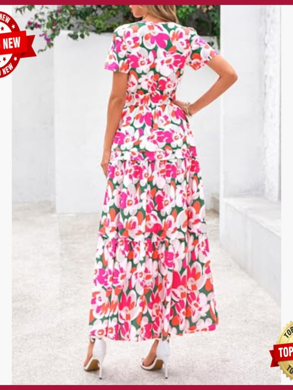 Boho Maxi Dress with Pockets, V-Neck, Tiered Hem, Summer Casual Beach Vacation - Picture 2 of 7